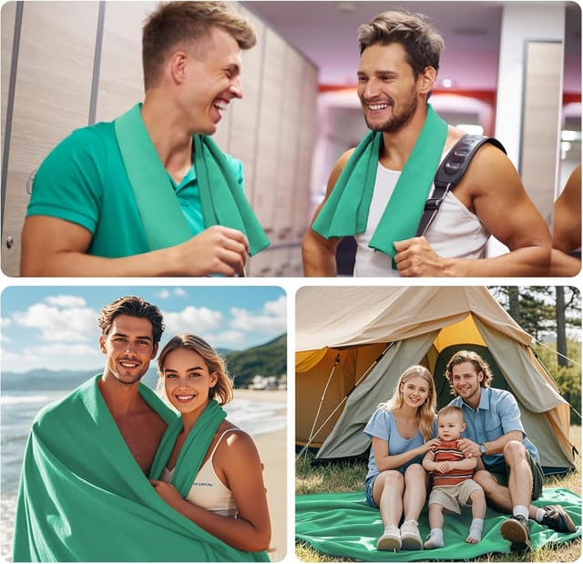 Detalle de Mikrofaser Handtuch 3er Set (200×100 cm + 2×80×40 cm) – schnelltrocknendes Sport-, Reise- und Strandtuch in Grasgrün