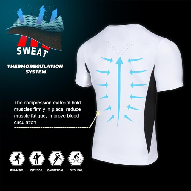 Detalle de AMZSPORT maglietta a compressione da uomo con maniche corte, tessuto Cool Dry per allenamento e corsa