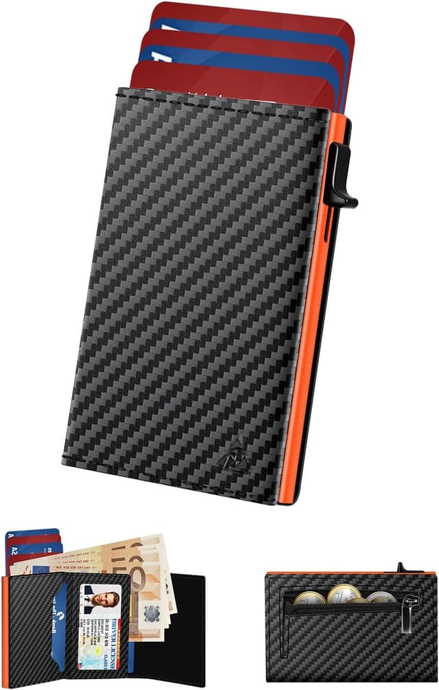 Detalle de Slim Kartenetui für Herren mit Münzfach & ID-Fenster – Schwarz/Orange