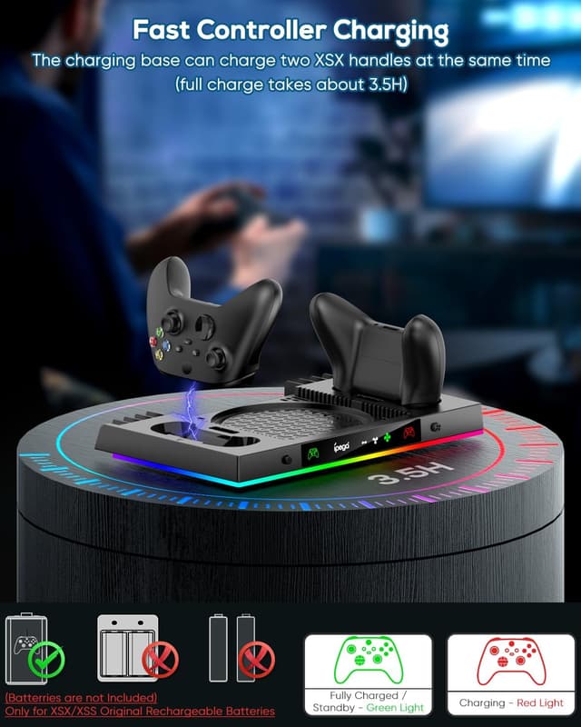 Detalle de MENEEA Upgraded Cooling Fan Charging Station for Xbox Series X (Dual Controller Dock + Cooler Stand, RGB Lights)