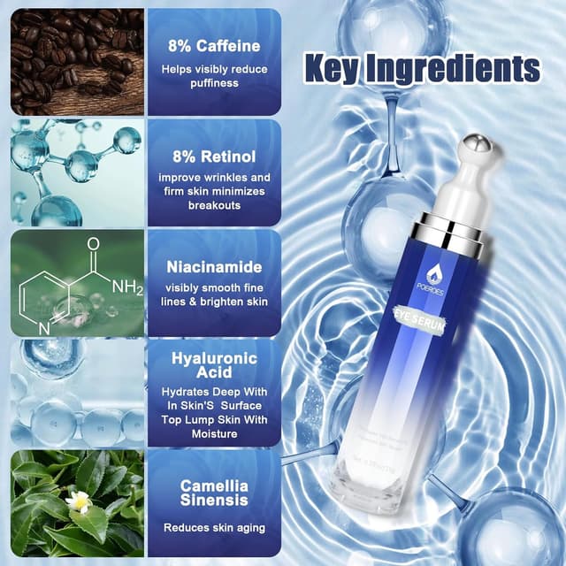 Detalle de Eye Serum with 8% Caffeine, 8% Retinol, Hyaluronic Acid & 360° Roller Massage Ball (0.5 fl. oz)