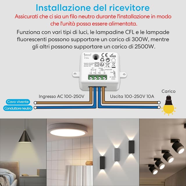 Detalle 2 de LoraTap Interruttore Luce Senza Fili con telecomando e timer (10/30 min) + modulo relè RF 10A