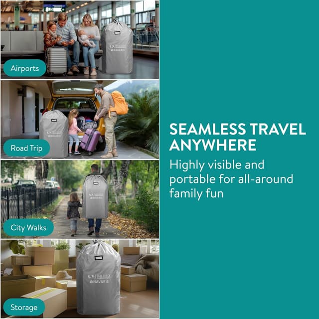 Detalle de Navaris Gate Check Transport Bag for Baby Seat (Waterproof 210D) – Light Grey, 114 x 53 x 35cm