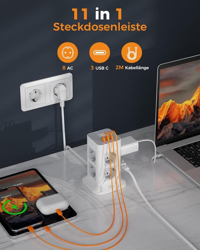 Detalle de TESSAN Mehrfachsteckdose mit 3 USB‑C und 8 AC-Steckdosen (2 m Verlängerungskabel) inkl. Überspannungsschutz – grau