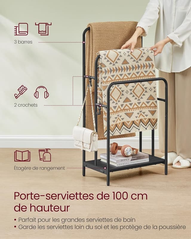Detalle de VASAGLE LLS009B01 Porte-serviettes sur pied avec 3 barres et étagère de rangement pour salle de bain