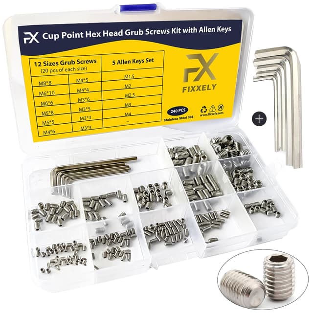 Detalle de FIXXELY Grub Screws Assorted Set of 240 (M3–M8) with 5 Allen Keys — 304 Stainless Steel