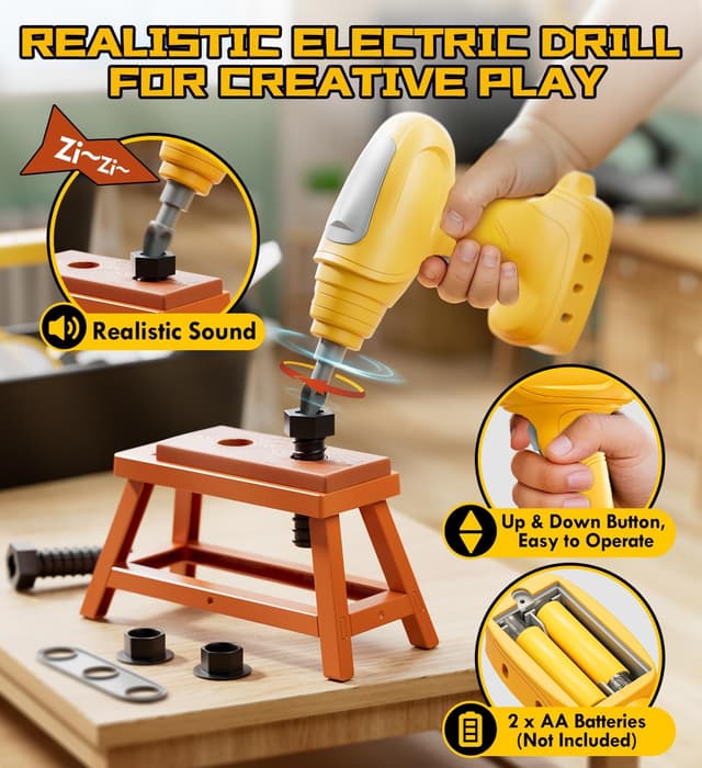 Detalle de Lehoo Castle Werkzeugkoffer mit Akku-Bohrmaschine & Mini-Werkbank – Spielzeug für Kinder ab 3 Jahre