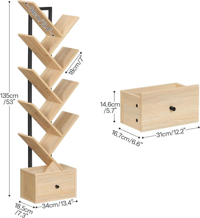 Detalle de HOOBRO Scaffale a forma di albero EBN18SJ01G1, libreria vintage a 9 livelli con cassetto