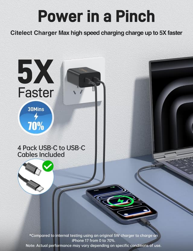 Detalle de Super Fast Samsung Type-C Charger 2-Pack (45W Dual Port) + 4 USB-C to USB-C Cables (60W) with Long 3/6/10/10FT