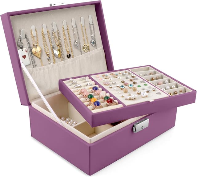 Detalle de Homeanda Jewellery Box with Lock (Purple) – 2-layer leather organiser for necklaces, earrings, rings and bracelets