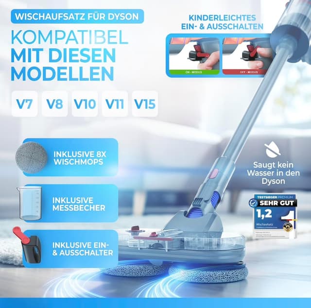 Detalle de Testsieger Wischaufsatz für Dyson V7/V8/V10/V11/V15 (Gen5) – elektrischer Wischmop mit abnehmbarem Wassertank