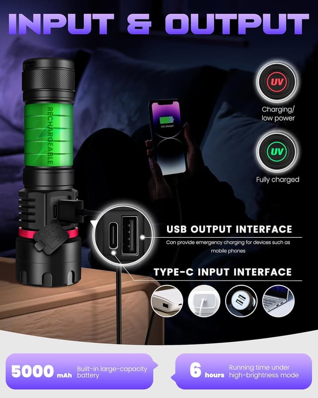 Detalle de DARKBEAM Lampe torche UV 395 nm (6xLED quadricœur) rechargeable, 80W