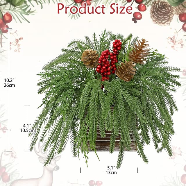 Detalle de Arborus Künstliche Weihnachts-Pflanze im Holz-Topf für Tischdeko, Fensterbank & Balkon – rustikale Landhaus-Weihnachtsdeko