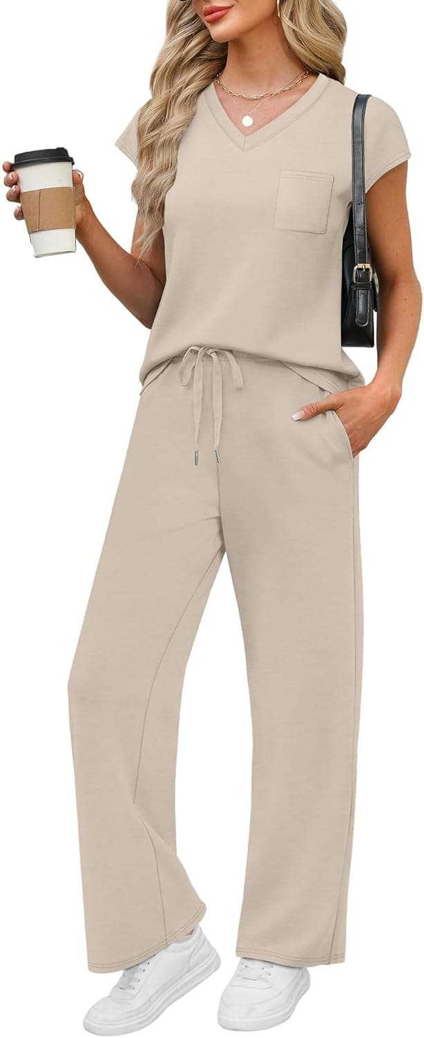 Thumbnail 6 de WIHOLL 2-Piece Women’s Resort Wear Set: Cap Sleeve V-Neck Top + Wide-Leg Lounge Pants with Pockets