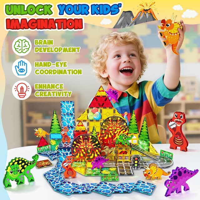 Detalle 2 de Dinosaur Toys Magnetic Tiles Set (44 PCS) for Kids Ages 3–5 and Up — Lava Dinosaur World Magnetic Building Playset