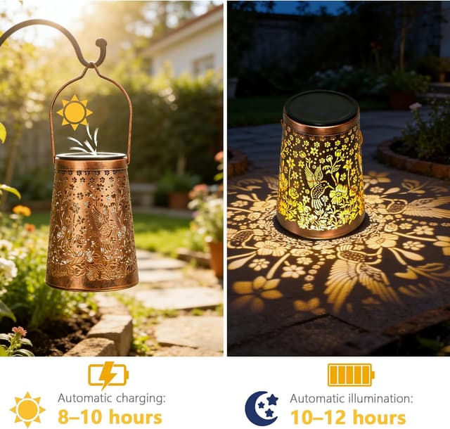 Detalle de Solar Lanterns for Outside – Vintage Hummingbird 2 Pack (IP65, warm shadows) for patio and garden décor