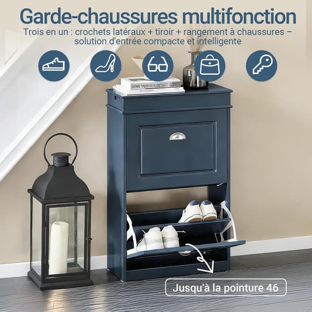 Detalle 2 de SoBuy Meuble à chaussures bleu mat avec tiroir, 2 abattants et crochets latéraux FSR78-B