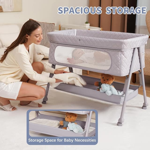 Detalle de Kiniew Bassinet Bedside Sleeper (Adjustable Height, Folding, Mesh) — Grey