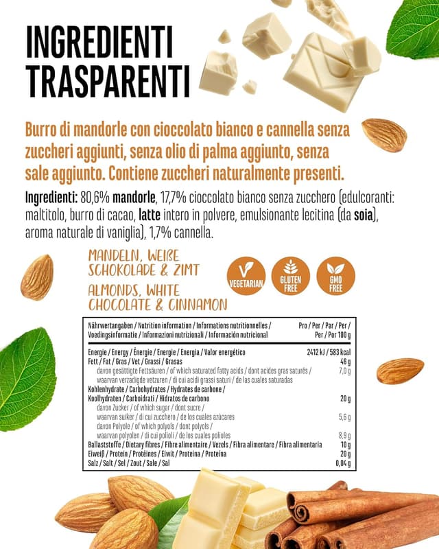 Detalle de vit4ever Burro di mandorle Cioccolato bianco e cannella (1 kg) ad alto contenuto proteico