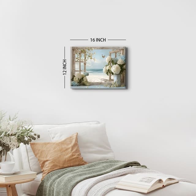 Detalle de Coastal Window Beach Wall Art Canvas – Blue Hydrangea Floral Seascape (12x16 inch, 1 panel)
