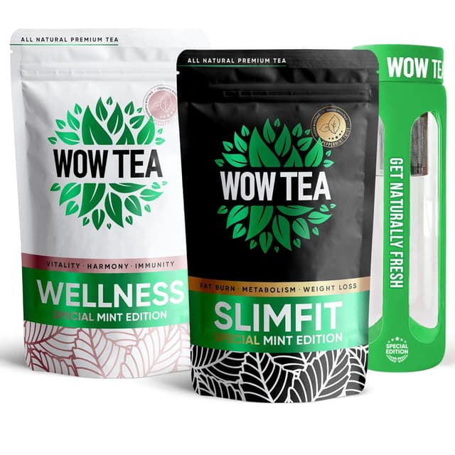 Detalle de WOW TEA Slimfit Kräutertee 21 Tage Mint – Minze, Grüntee & Himbeerblätter als tägliche Tee-Routine