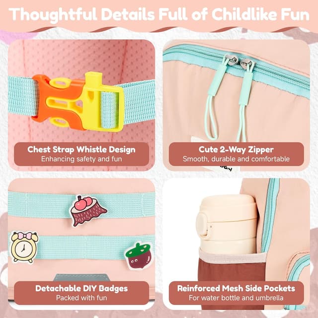 Detalle 2 de PROTAURI sac à dos enfant maternelle 3-7 ans rose avec sangle de poitrine et bandes réfléchissantes