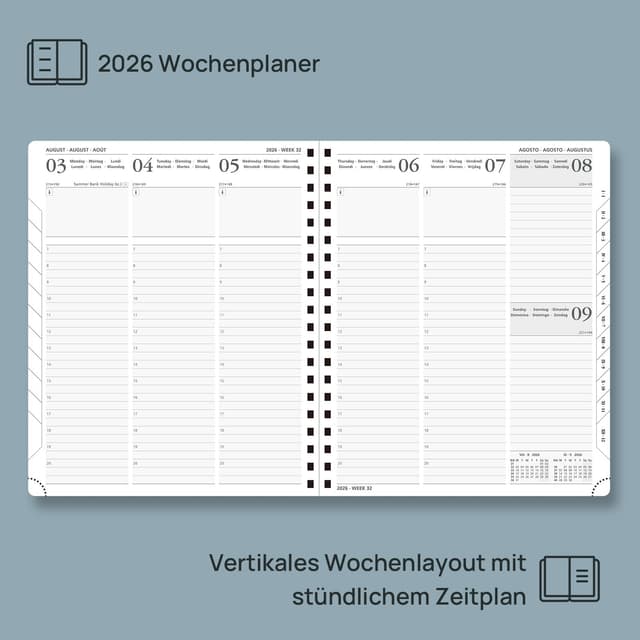 Detalle 2 de POPRUN Kalender 2026 Wochenplaner (Ringbuch) Mintgrün – 12 Monate, Jan. bis Dez. 2026