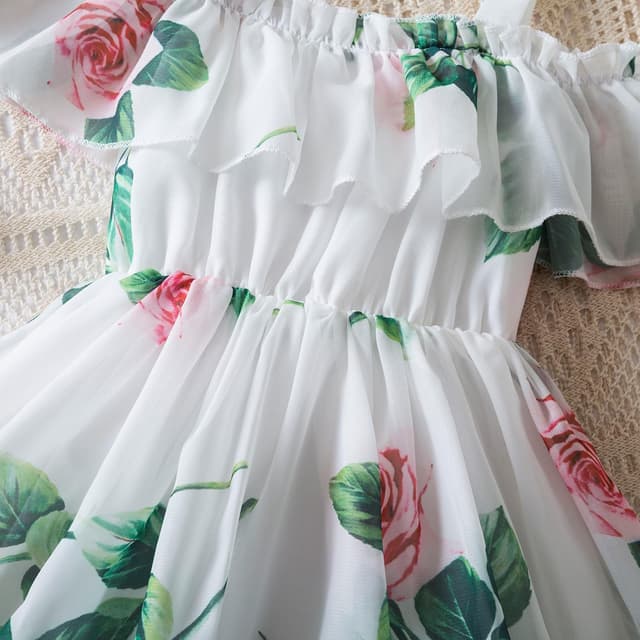 Detalle 2 de JiAmy Toddler Girls Summer Dress – Floral Off-Shoulder Chiffon Ruffle Hem (1–6 Years)