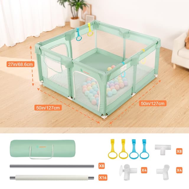 Detalle 2 de COMOMY Laufstall Baby 127x127 cm mit Weichem Netz, Schutzgitter und Oxford-Boden (Grün)