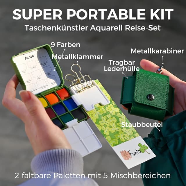 Detalle de Funto Faltbares Taschen-Wasserfarben-Set mit 2 Paletten und Lederhülle (9 Farben) – Reise-Skizzenkit