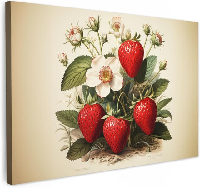Detalle de MuchoWow© Impression sur toile déco murale 30x20 cm – Fraises, plantes et fruits (beige)