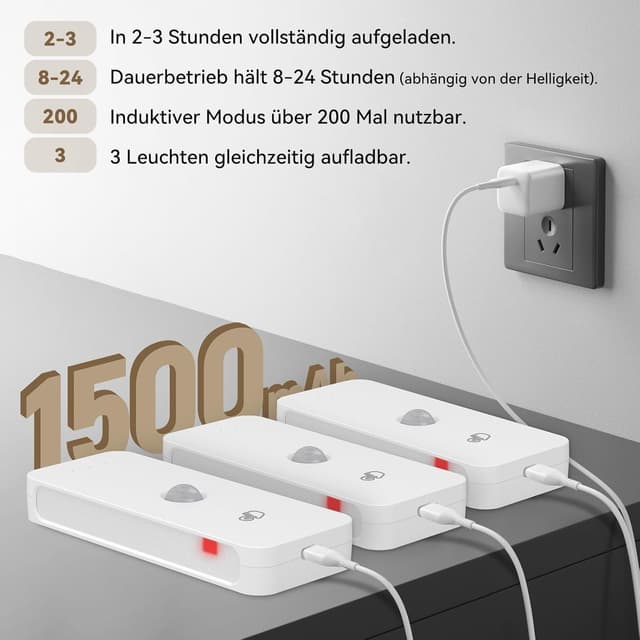 Detalle 2 de WUYOR Nachtlicht mit Bewegungsmelder für Treppe & Flur, wiederaufladbar, 3 Farbtemperaturen (3er-Set)