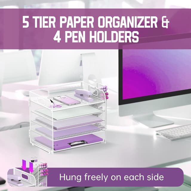 Detalle 2 de SUPEASY 5-stufiger Schreibtisch-Organizer mit Griff und abnehmbarem Stifthalter (weiß)