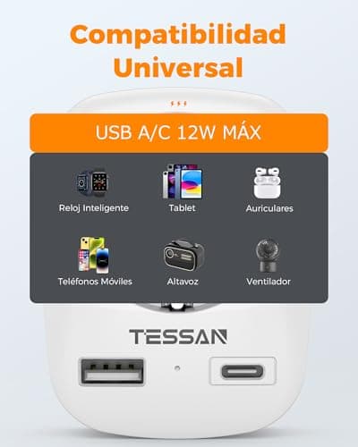 Detalle de TESSAN Adaptador Enchufe Italiano con 1 USB C y 1 USB A (Tipo L)