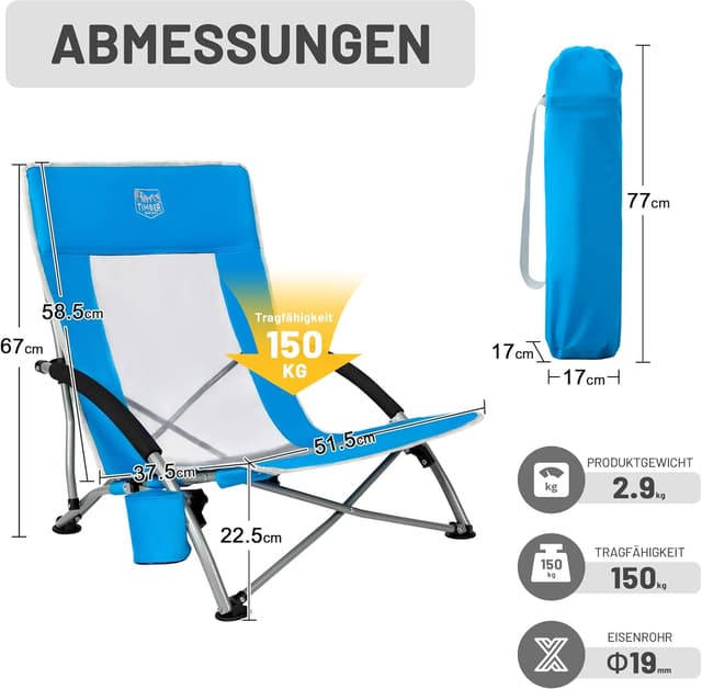Detalle de TIMBER RIDGE Strandstuhl klappbar & leicht mit Netzrücken und Getränkhalter (bis 150 kg belastbar)