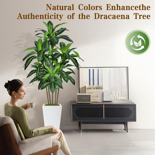 Detalle de 6FT Artificial Dracaena Tree in White Pot — Tall Fake Indoor Tree for Home & Office Decor