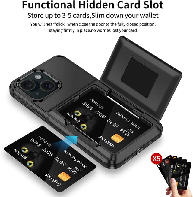 Detalle de Aolcev iPhone 15 Case with Card Holder (up to 4 cards) – dual-layer shockproof wallet cover, Black