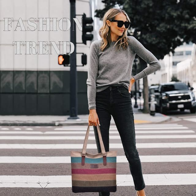 Detalle 2 de CHEREEKI Striped Canvas Tote Bag (Multicolour) – washable shopper for school, work, travel