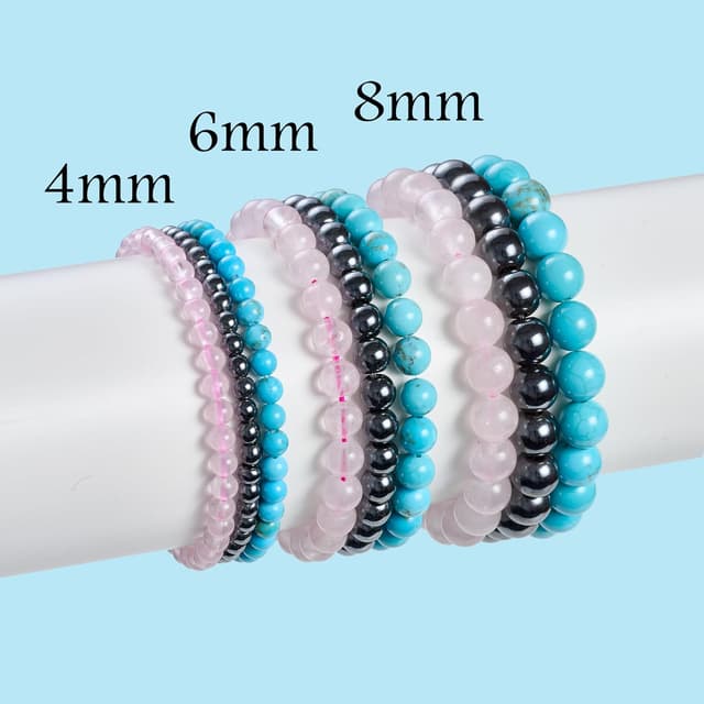 Detalle de Set Bivei da 3 bracciali con pietre naturali: ematite, quarzo rosa e turchese verde, elastici e fatti a mano