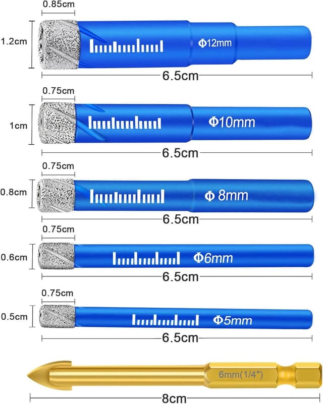 Detalle de SURFOU Diamantbohrer-Set für Fliesen – 5–12 mm (inkl. 6 mm Metall/Porzellanbohrer)