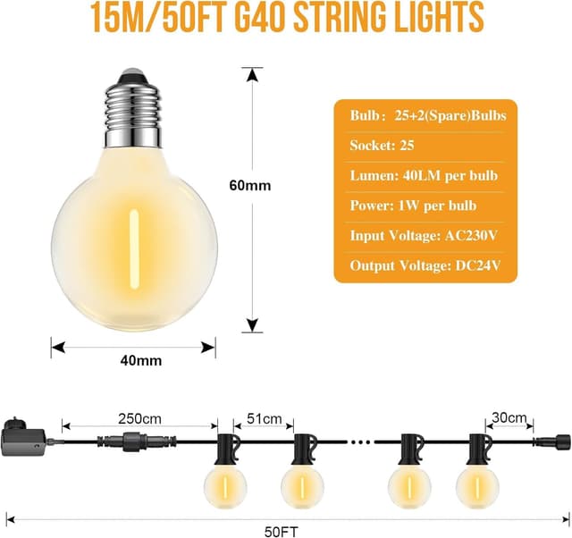 Detalle 1 de FANSANMY Catena luminosa da esterno 15 m, 25+1 lampadine 🌟