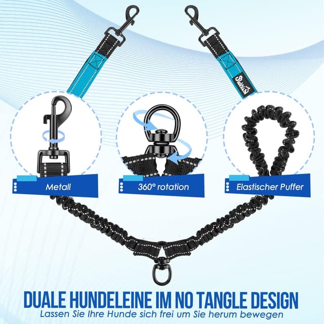 Detalle de SlowTon Doppelleine für 2 Hunde mit 360° Drehverschluss, reflektierenden Streifen und gepolsterten Griffen