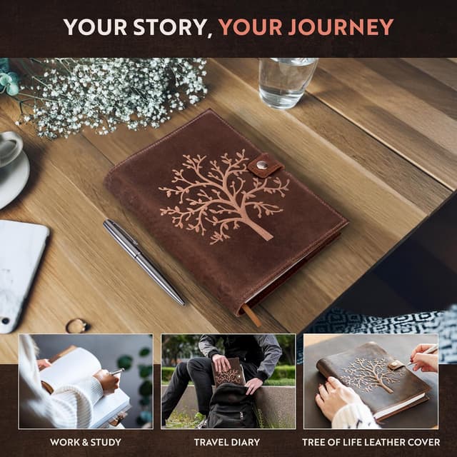 Detalle de moonster Quaderno ricaricabile in vera pelle di bufalo A5 con porta penna e penna argentata, Albero della Vita