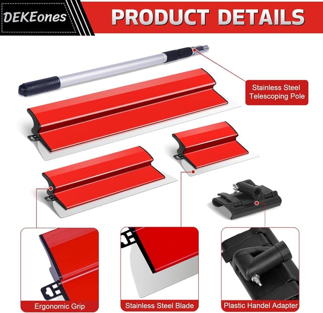 Detalle de DEKEones Flächenspachtel-Set mit Edelstahl-Spachtelklingen (10", 16" & 24") und Teleskop-Verlängerungsstange 28"–62
