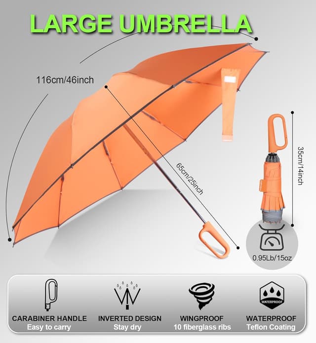 Detalle 2 de TUMAAOTU Compact Inverted Umbrella with Never Forget Carabiner Handle – windproof travel umbrella, auto open/close