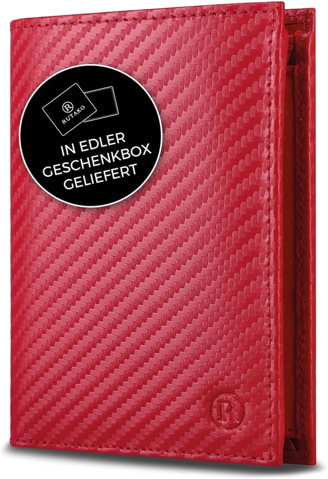 Detalle de RUTAKO Herren-Leder-Geldbörse mit RFID-Schutz, Querformat mit Münzfach und 12 Fächern (Carbon-Rot)
