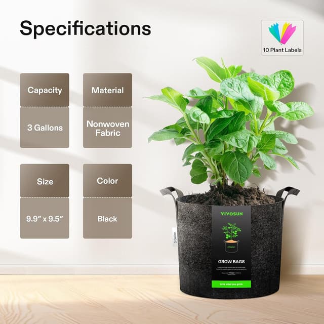 Detalle de VIVOSUN confezione da 5 vasi in tessuto addensato da 12L con manici