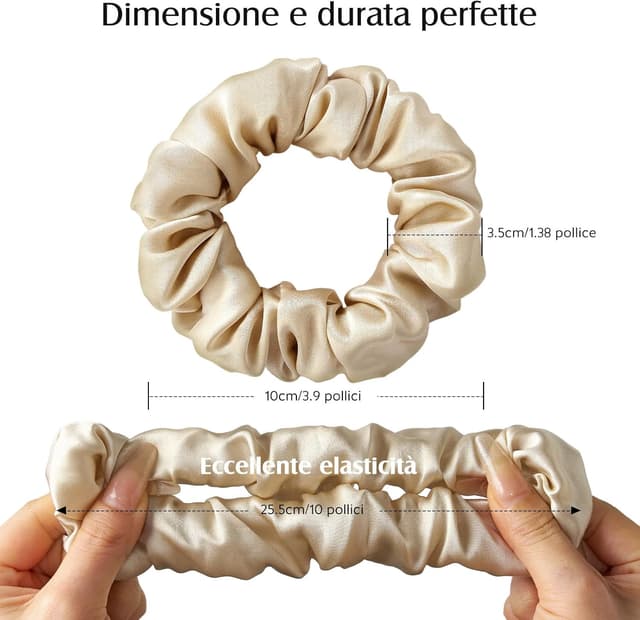 Detalle 2 de Set di 3 scrunchies in seta Umisleep (100% gelso) rosa + champagne + viola prugna