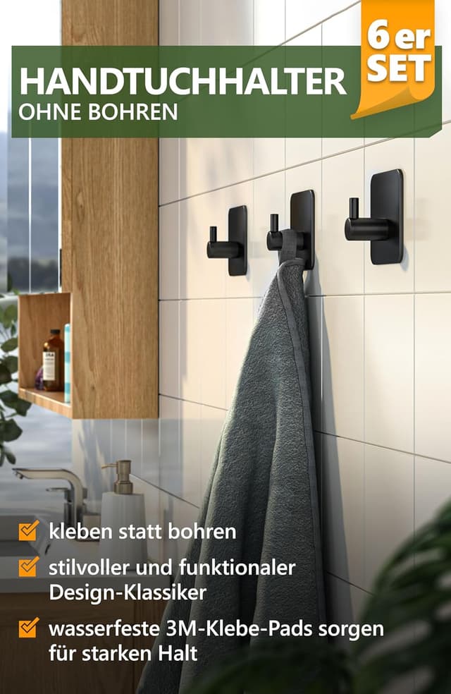 Thumbnail 1 de 4smile Handtuchhalter 6er Set, selbstklebend schwarz