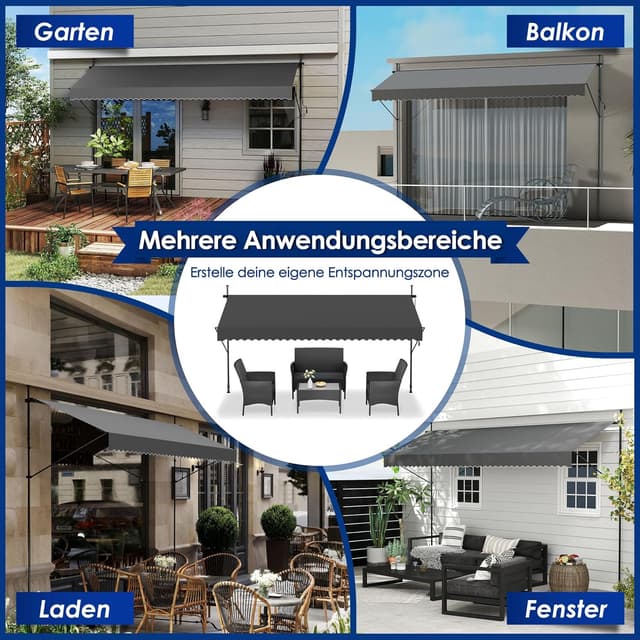 Detalle 2 de UISEBRT Klemmmarkise mit Kurbel – balkon- und terrassentauglicher Sonnenschutz ohne Bohren (3,50 x 1,20 m, Dunkelgrau)